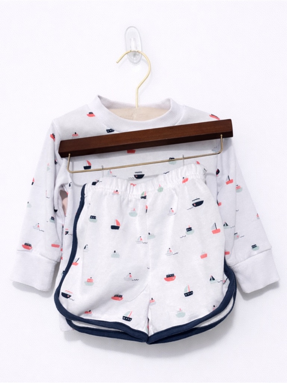 Baby Two-Piece Boat Print Set in White and Navy Trim